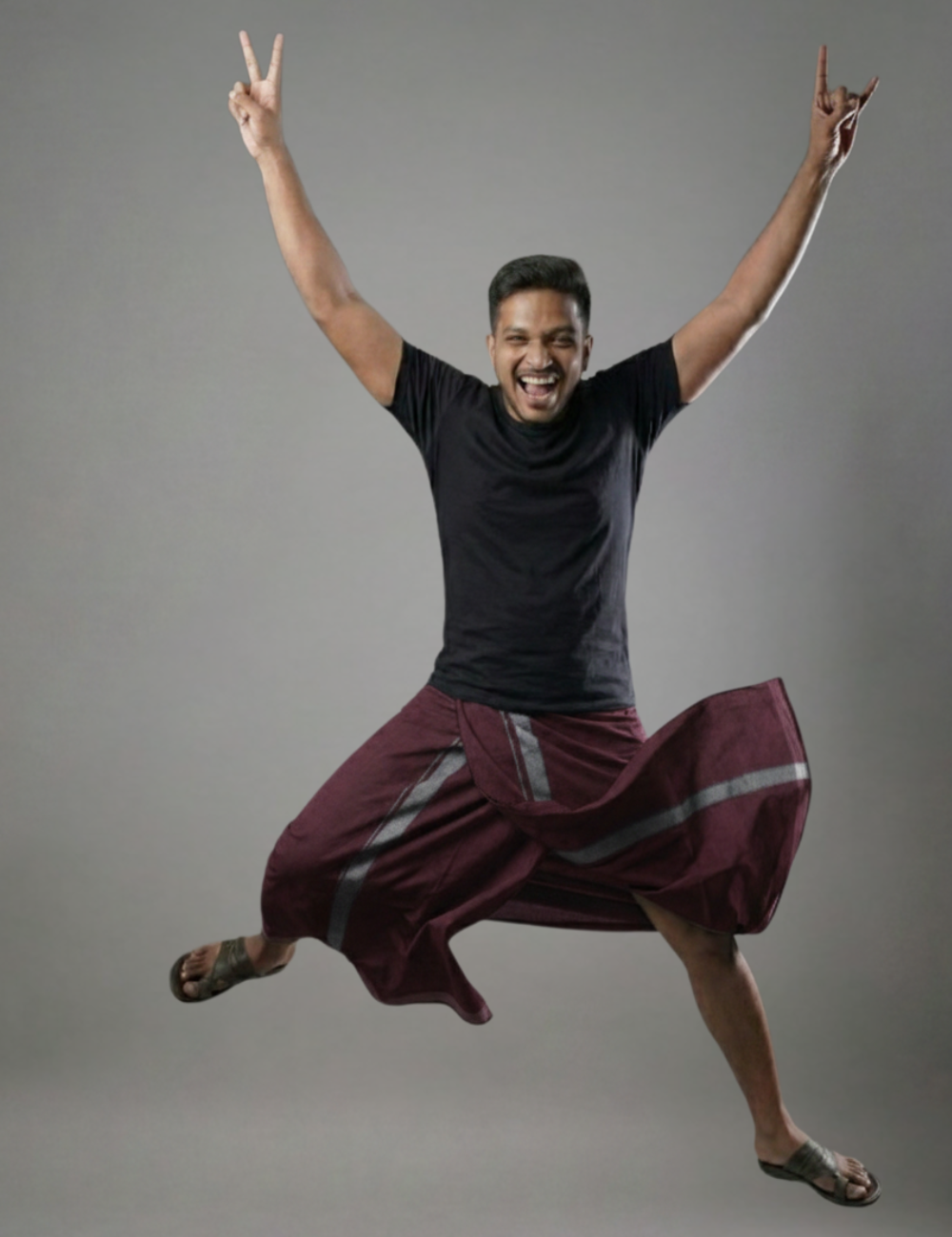 Black T-Shirt + Deep Maroon Colour Veshti Combo | Daily Wear South Indian Style Set for Men