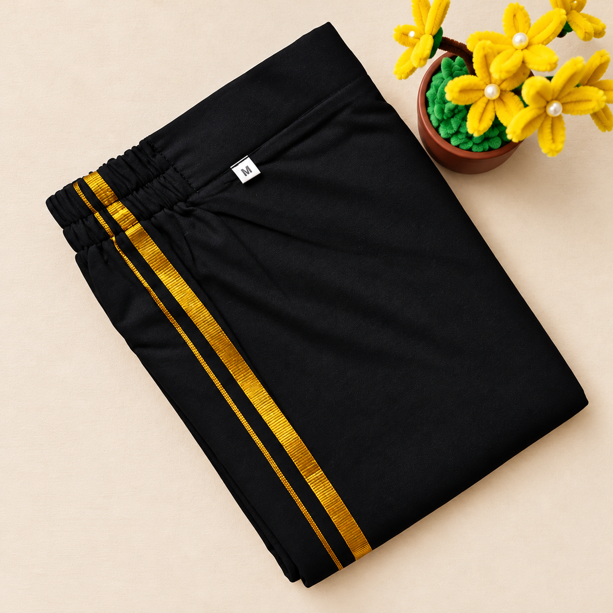 Black T-Shirt With Elastic Dhoti & Jari Towel