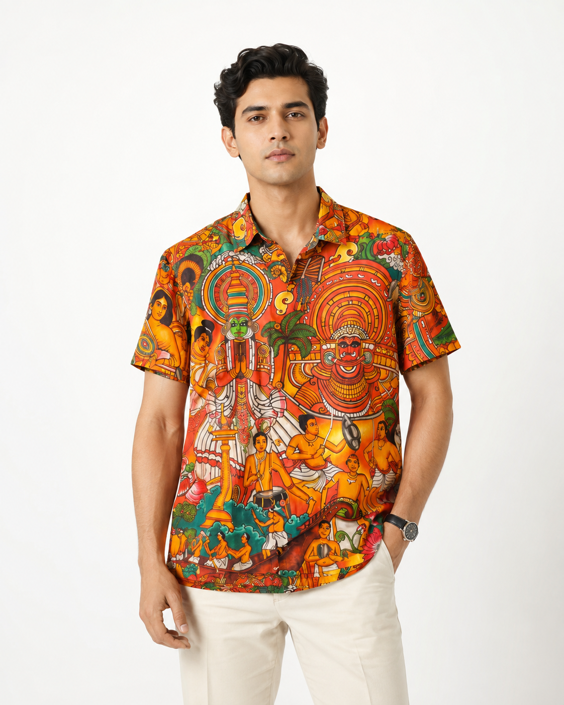 Kerala Kathakali Ethnic Art Printed Half Sleeve Shirt | Traditional Orange Design Print