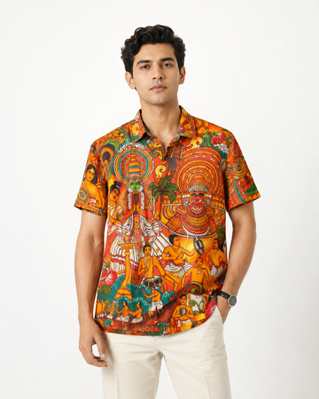 Kerala Kathakali Ethnic Art Printed Half Sleeve Shirt | Traditional Orange Design Print