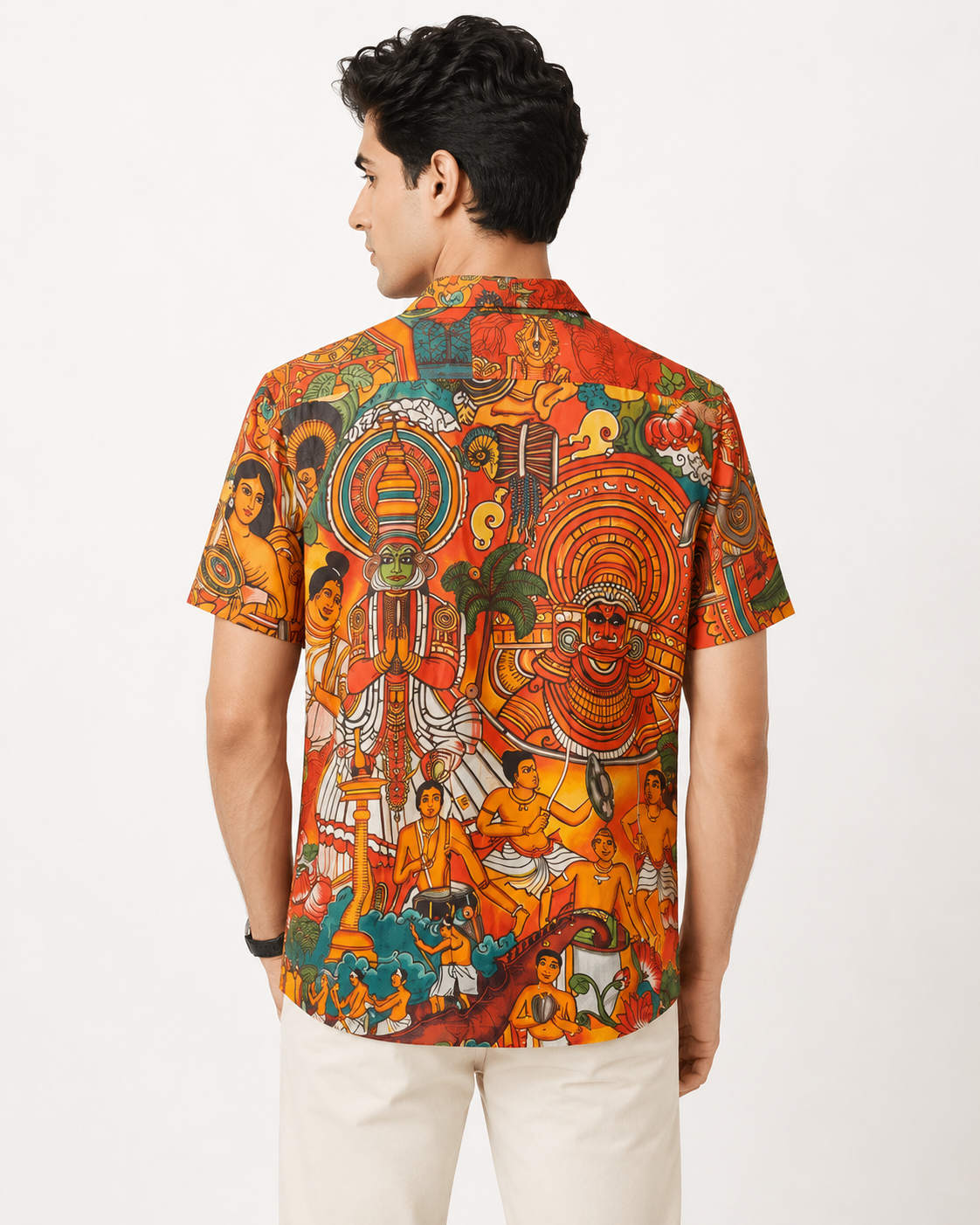 Kerala Kathakali Ethnic Art Printed Half Sleeve Shirt | Traditional Orange Design Print