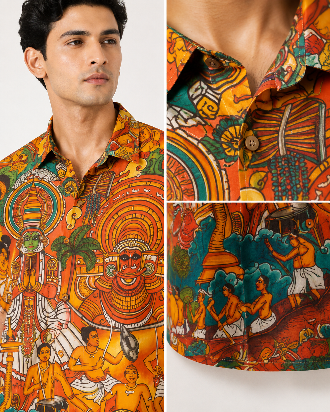 Kerala Kathakali Ethnic Art Printed Half Sleeve Shirt | Traditional Orange Design Print