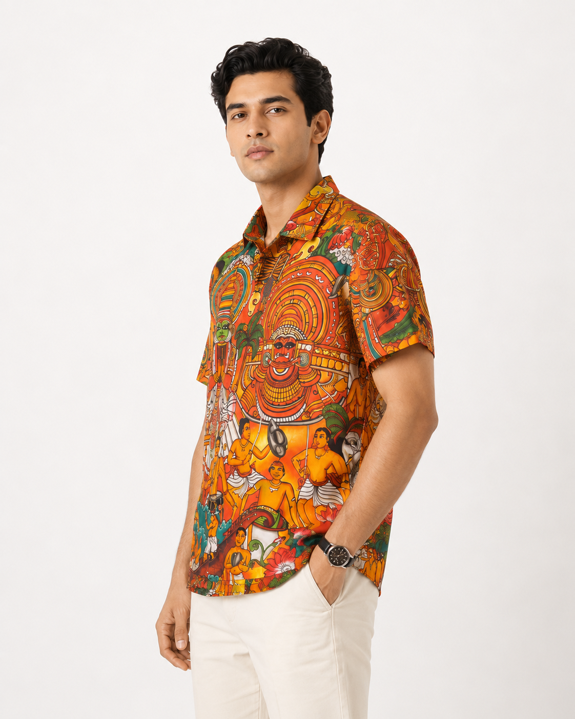 Kerala Kathakali Ethnic Art Printed Half Sleeve Shirt | Traditional Orange Design Print