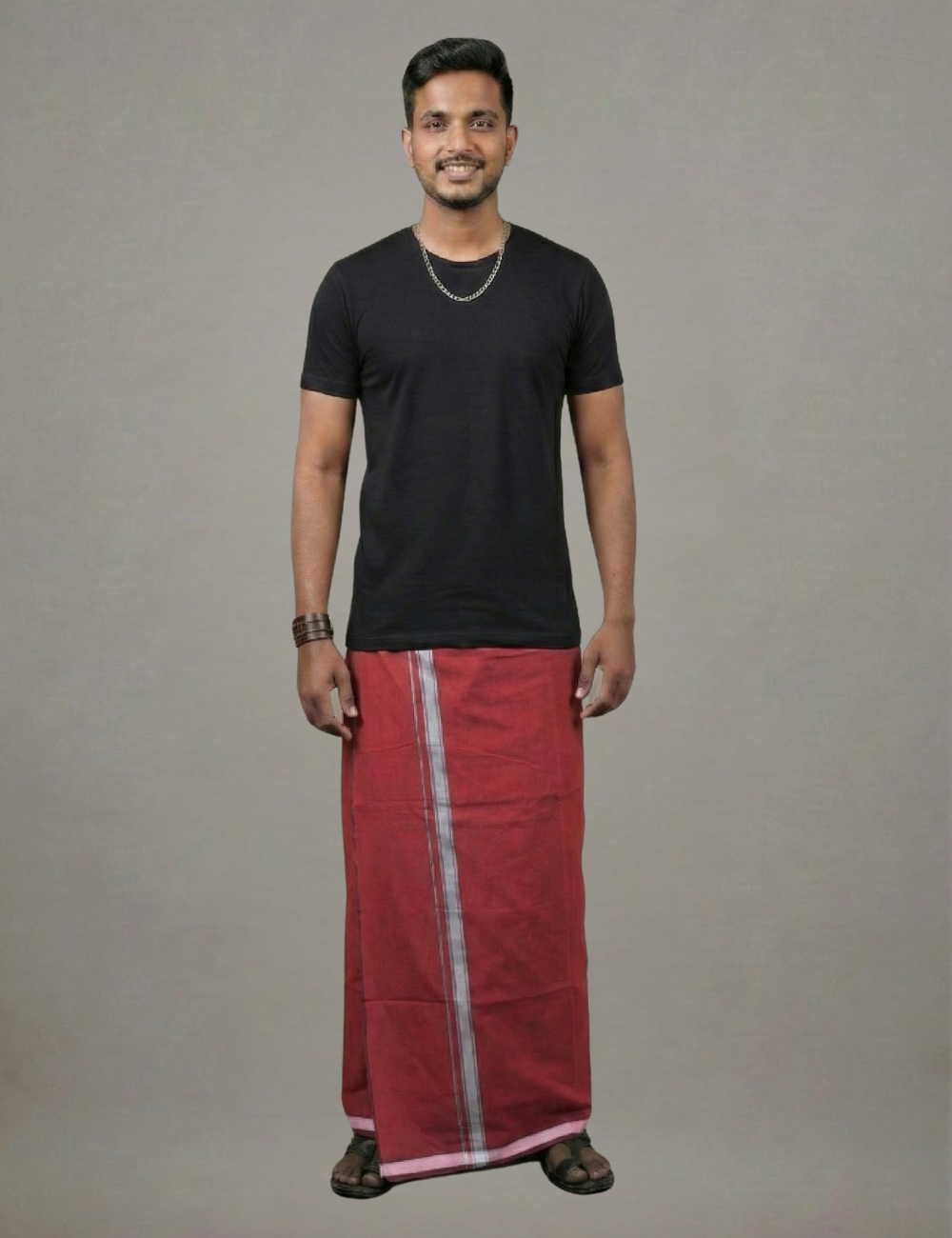 Black T-Shirt + Maroon Colour Veshti Combo | Daily Wear South Indian Style Set for Men