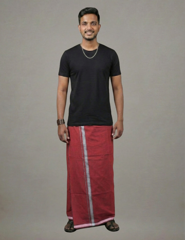 Black T-Shirt + Maroon Colour Veshti Combo | Daily Wear South Indian Style Set for Men