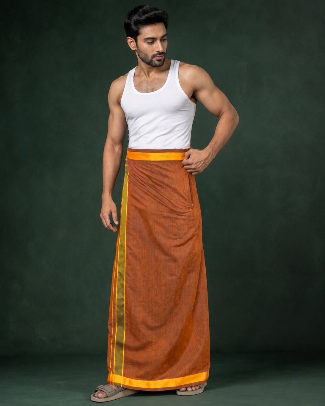 Rust Brown Fancy Border Velcro Dhoti