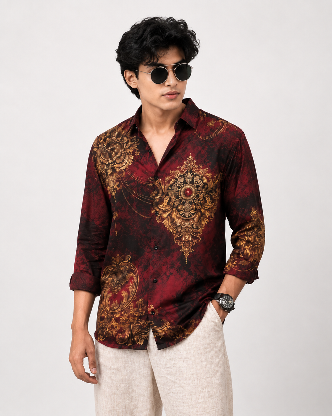 Men's Royal Floral Printed Maroon Party Wear Full Sleeve Shirt