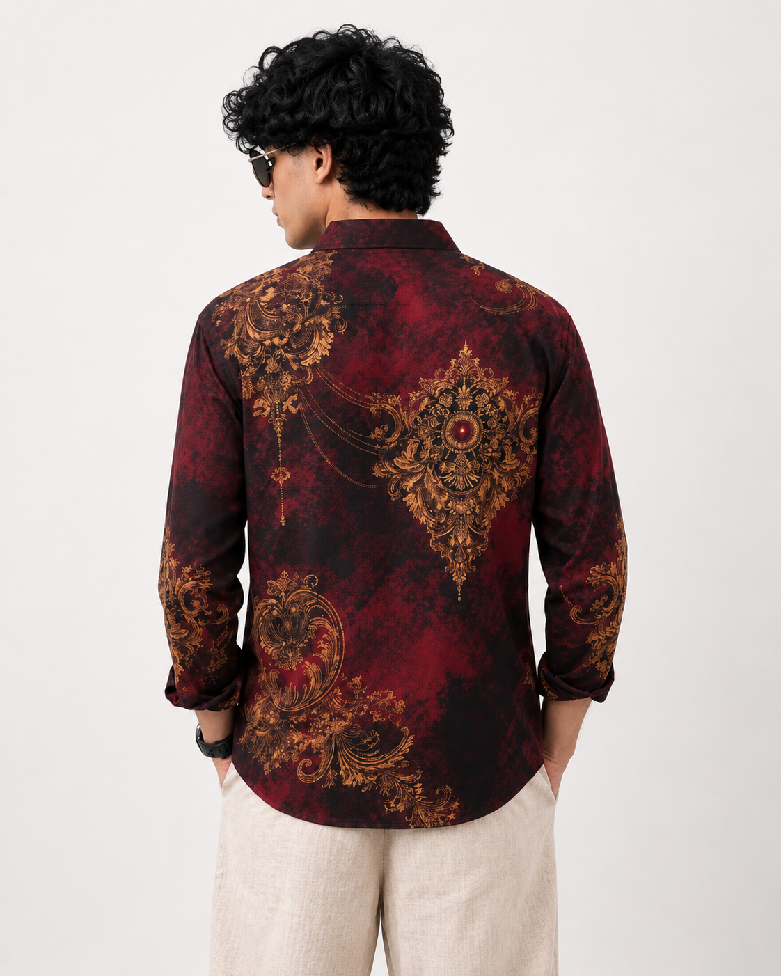 Men's Royal Floral Printed Maroon Party Wear Full Sleeve Shirt