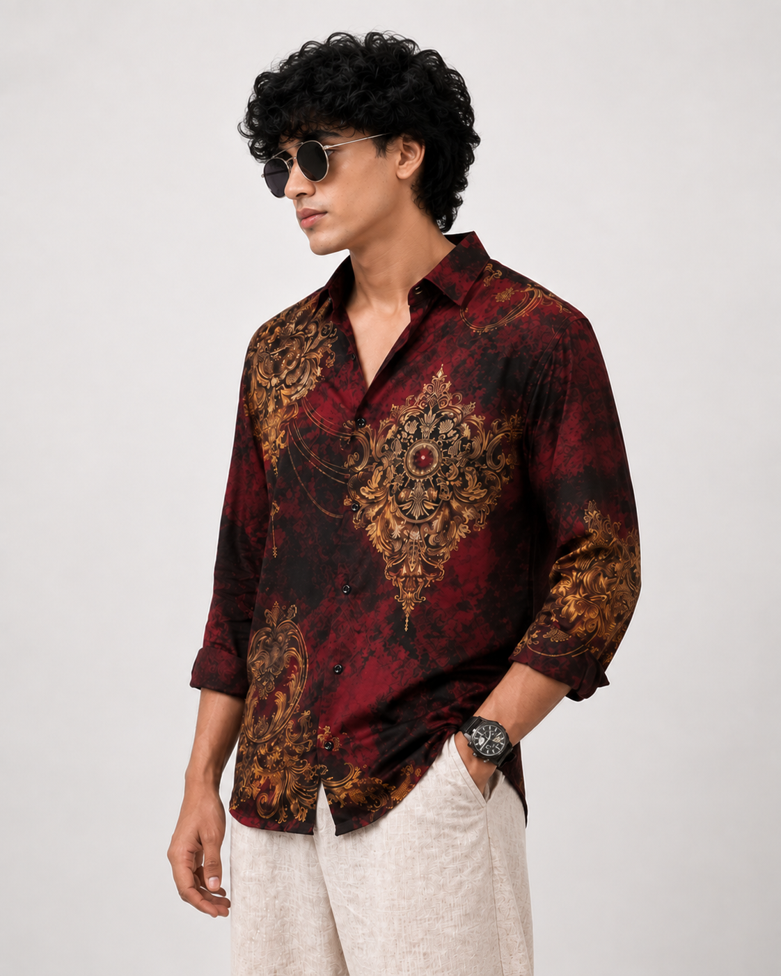 Men's Royal Floral Printed Maroon Party Wear Full Sleeve Shirt