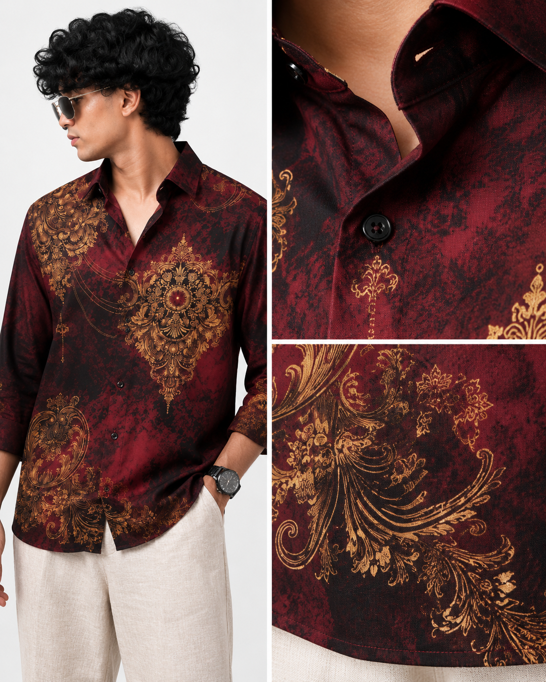 Men's Royal Floral Printed Maroon Party Wear Full Sleeve Shirt