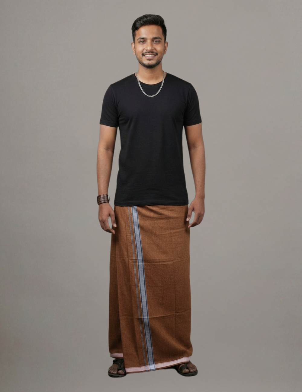 Black T-Shirt + Rust Brown Colour Veshti Combo | Daily Wear South Indian Style Set for Men