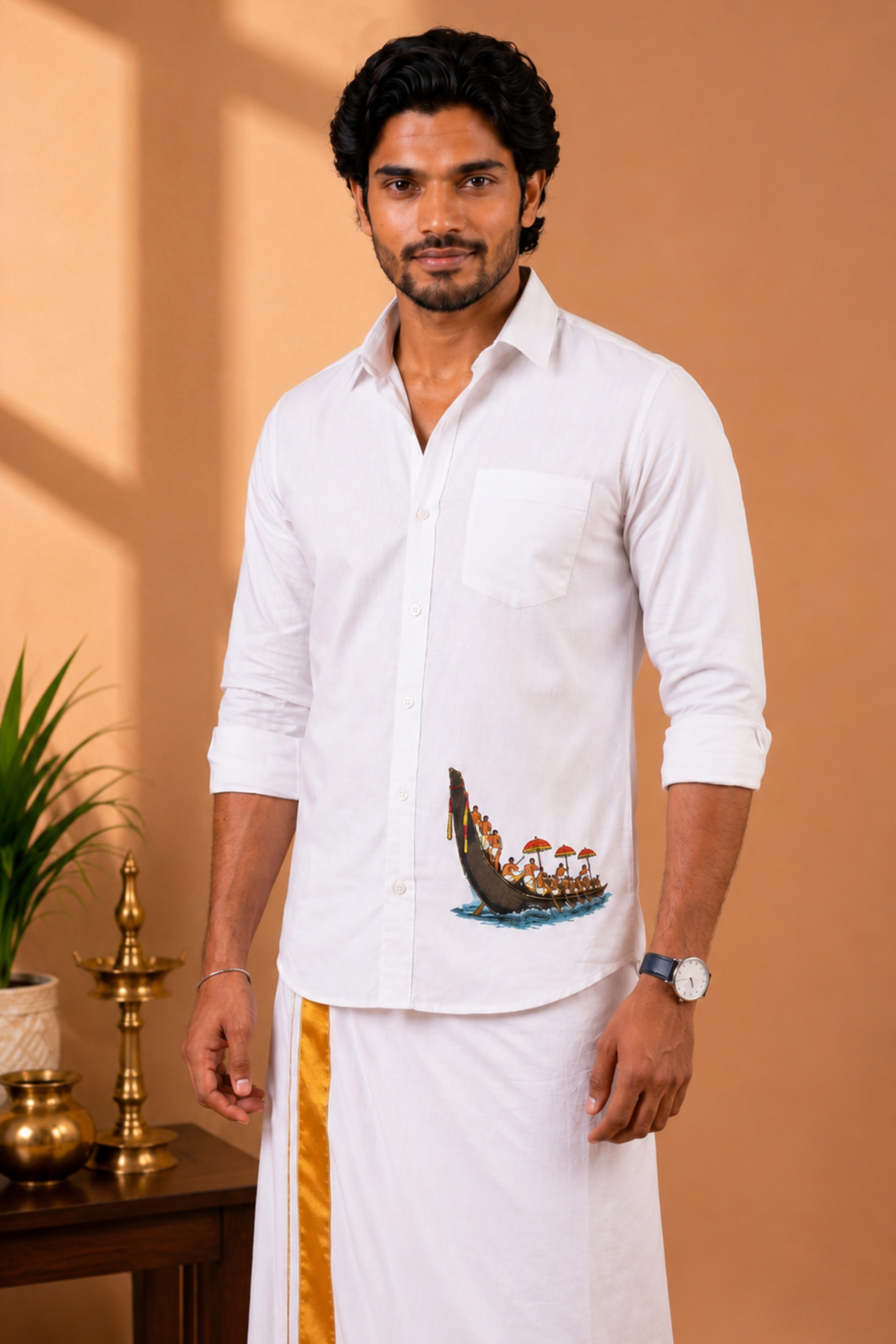 Chundan Vallam Pure Cotton Full Sleeve Shirt- White